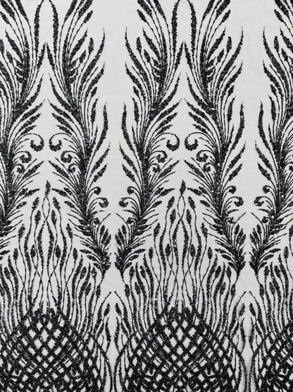 Wing Feather Damask Beaded Lace 54" Wide | New Creations Fabric & Foam Inc.