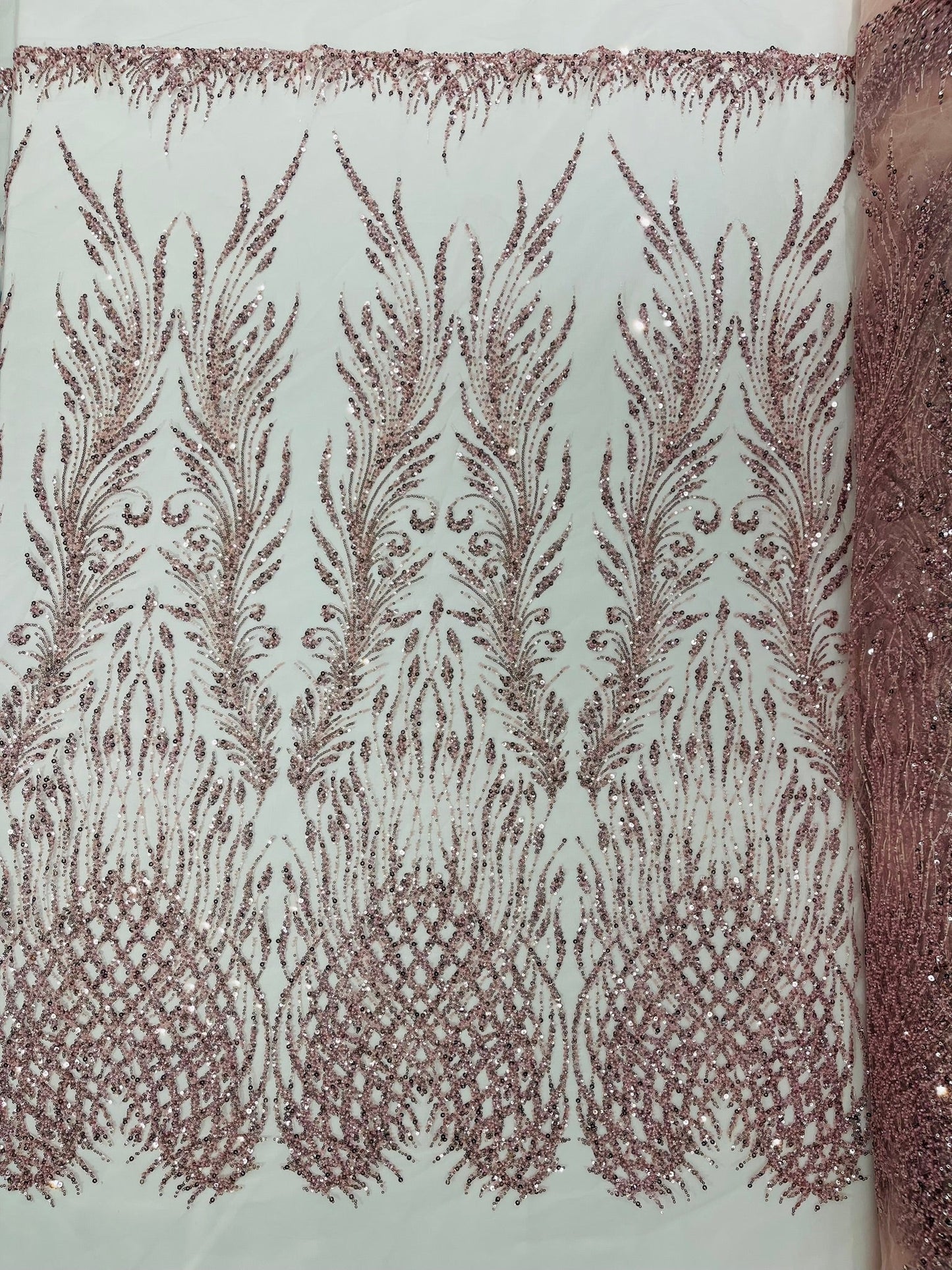 Wing Feather Damask Beaded Lace 54" Wide | New Creations Fabric & Foam Inc.