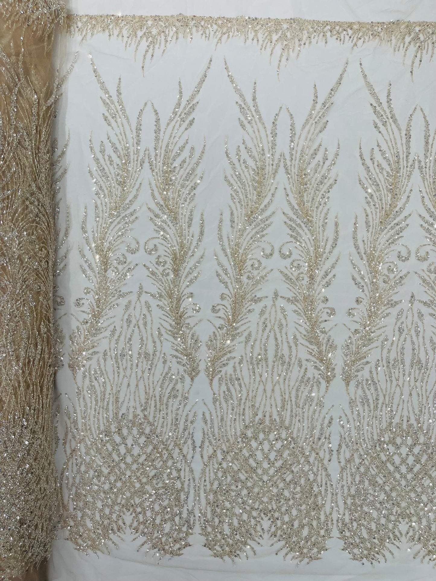 Wing Feather Damask Beaded Lace 54" Wide | New Creations Fabric & Foam Inc.