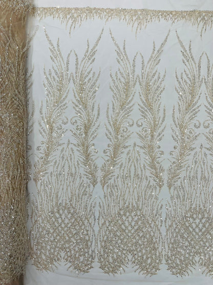 Wing Feather Damask Beaded Lace 54" Wide | New Creations Fabric & Foam Inc.
