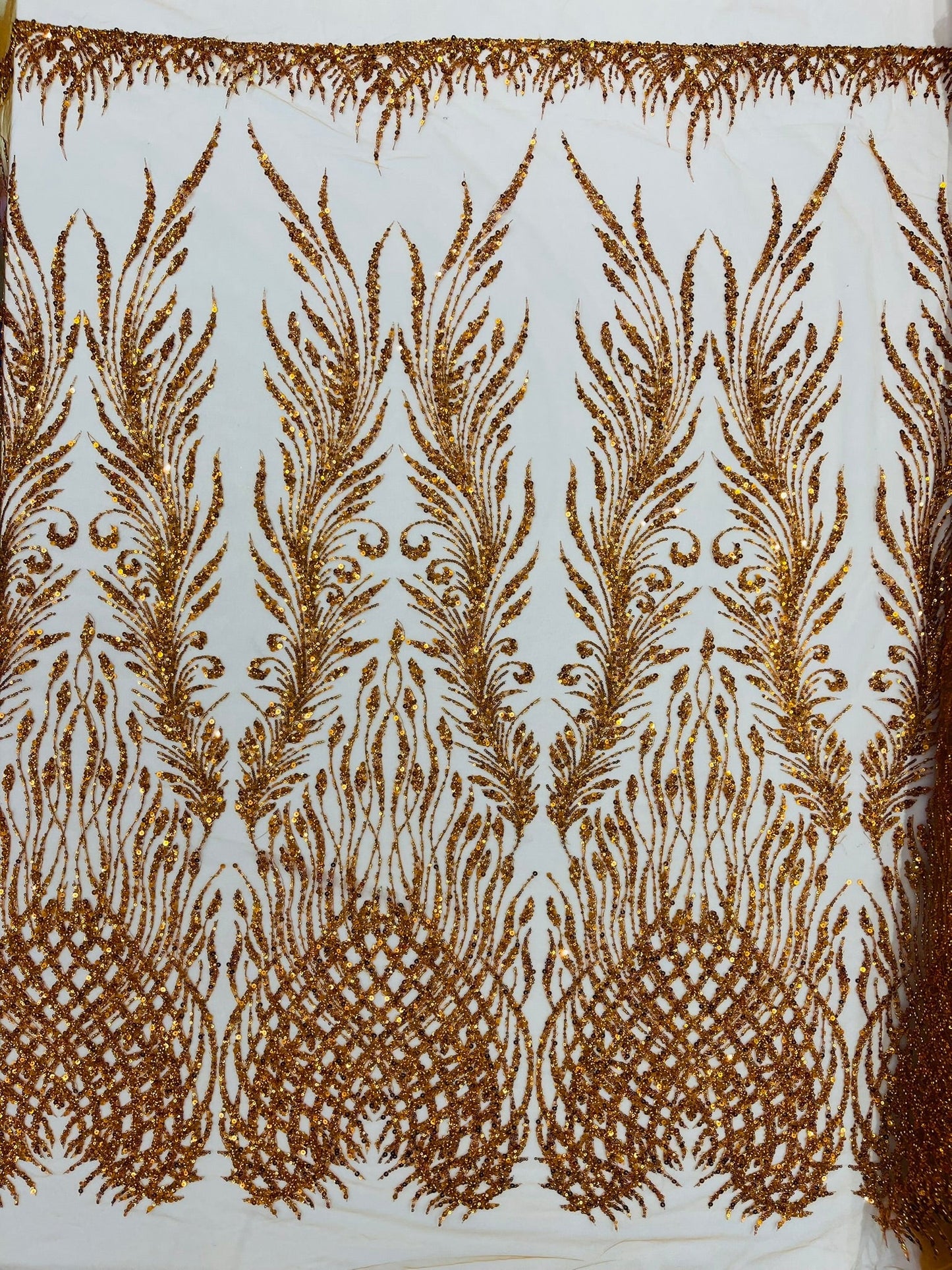 Wing Feather Damask Beaded Lace 54" Wide | New Creations Fabric & Foam Inc.