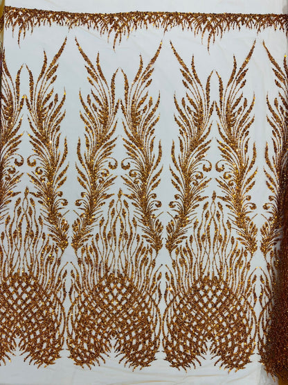 Wing Feather Damask Beaded Lace 54" Wide | New Creations Fabric & Foam Inc.